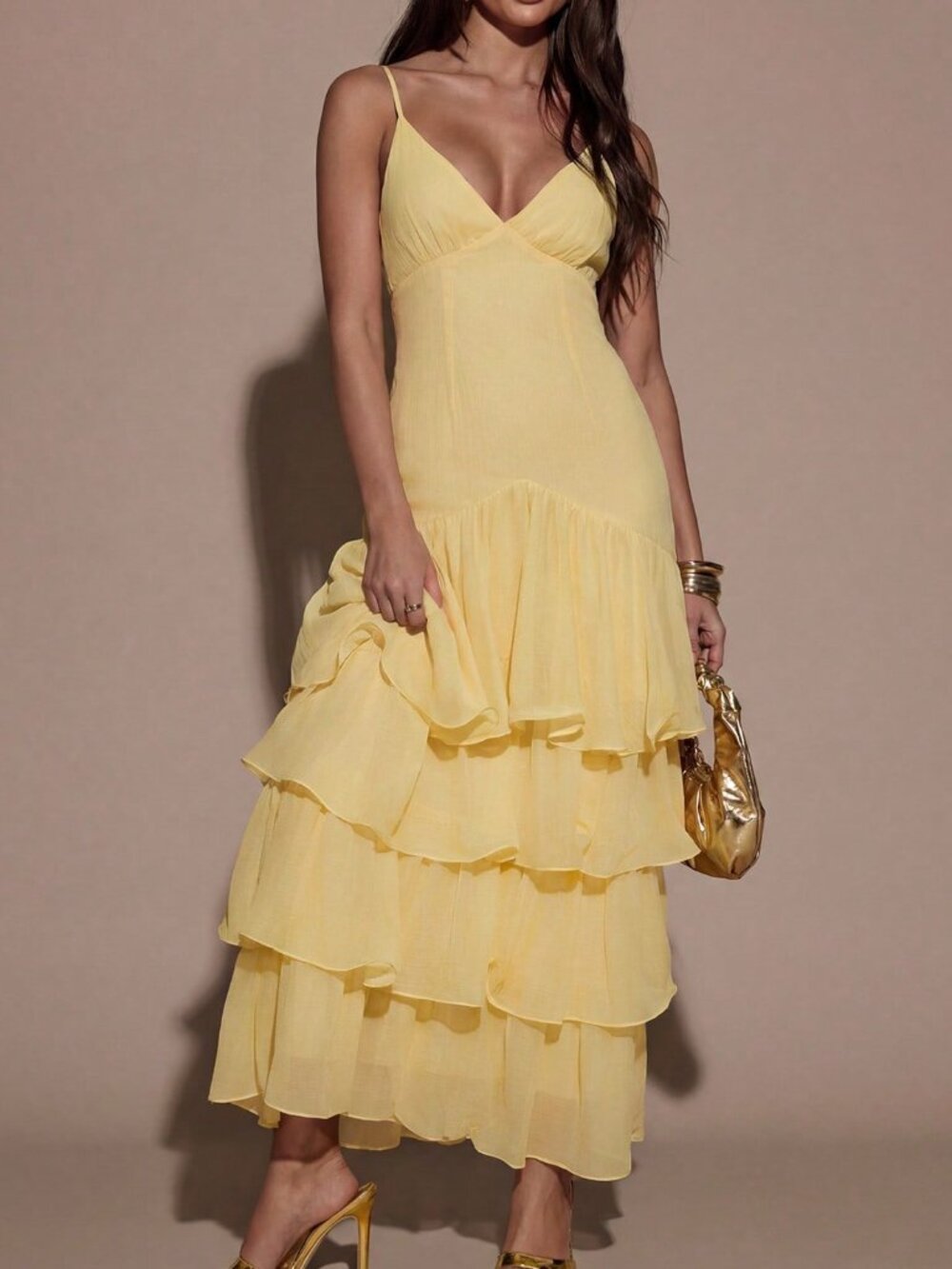Yellow Sexy Women's Layered Ruffle Hem Spaghetti Strap Dress - Picture 5 of 7